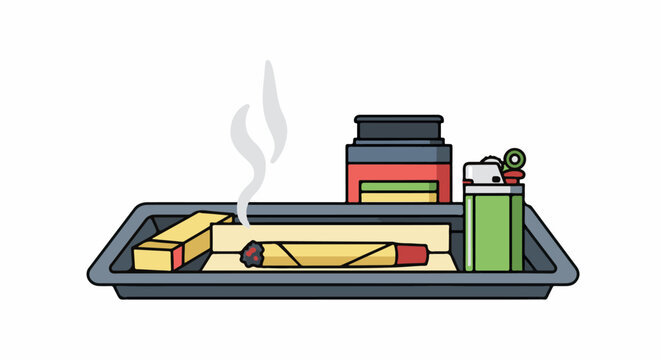 A tray contains a lit smoking object, rolling papers, a lighter, and containers