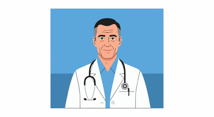 Fototapeta premium A portrait of a smiling male doctor wearing a white lab coat and stethoscope
