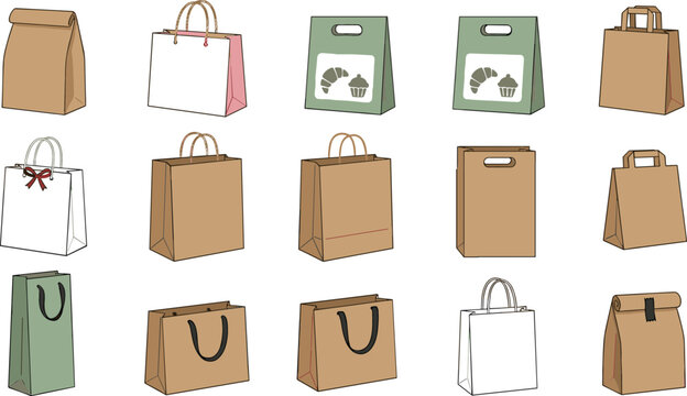 Collection of paper shopping bag vector illustrations featuring eco friendly retail packaging, kraft carry bags and reusable store tote designs
