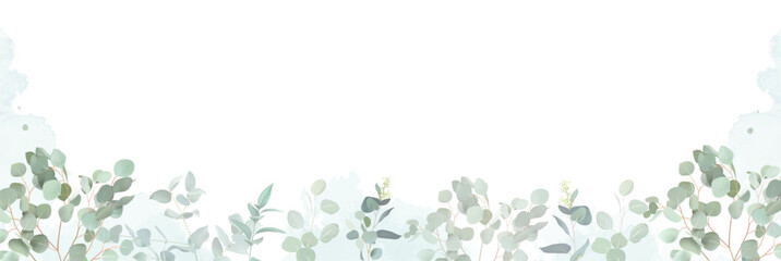 Herbal eucalyptus and gold vector banner frame. Hand painted branches, leaves on white background. Greenery wedding simple minimalist invitation. Watercolor card.All elements are isolated and editable © lavendertime