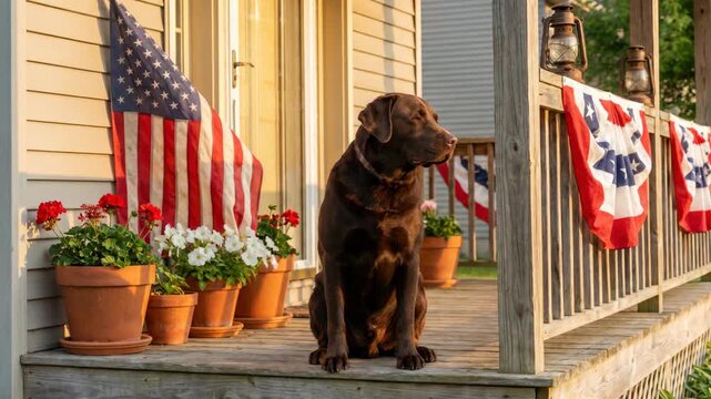 chocolate labrador retriever dog sitting on front porch decorated for 4th of July American flag bunting summer sunset golden hour patriotic home pet lifestyle memorial day background