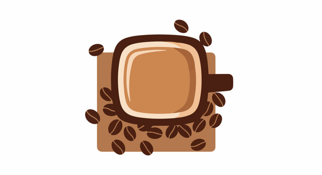 A simple brown cup of coffee sits amidst scattered coffee beans on a light brown square