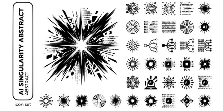 AI Singularity Abstract Black White-Data Burst Code Radiate Energy-Digital Explosion Vector-Singularity Icon Abstract-AI Design Set