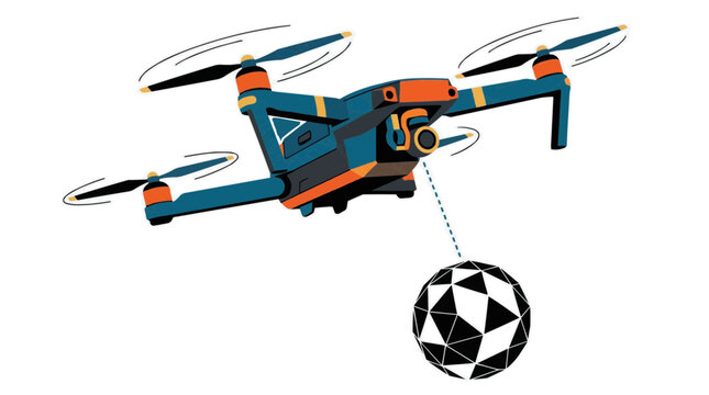 Modern drone with camera hovering and carrying a geometric sphere with a dashed line connection