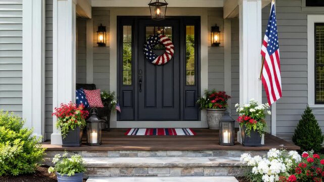 beautiful house front porch decorated 4th of July American flag wreath flowers lanterns patriotic home exterior real estate summer holiday suburban lifestyle memorial day decoration
