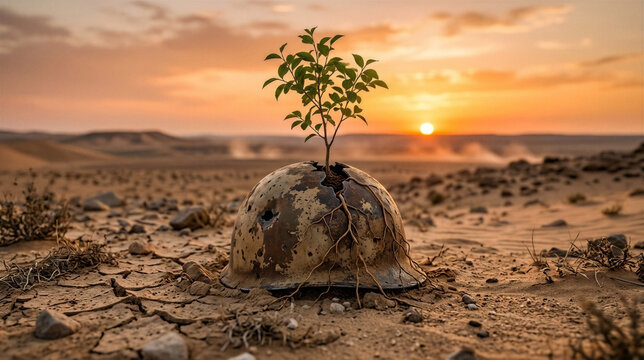 Conceptual photography showing a small green tree growing through a damaged military helmet on cracked desert soil during sunset. A symbol of peace and the triumph of life over war for the Internation