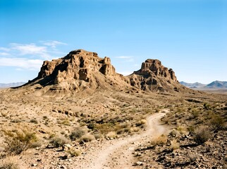 Fototapeta premium Scenic desert landscape with a winding dirt road leading to rocky mountains