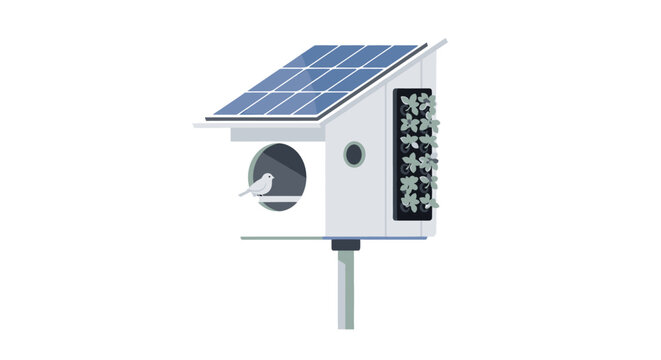 Solar powered birdhouse with modern energy technology setup.