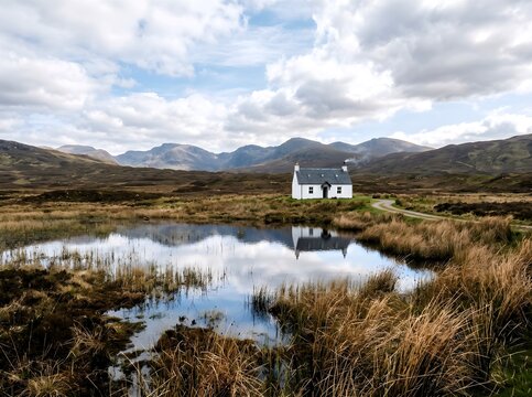 Remote White Cottage Reflected in a Calm Pond in the Scottish Highlands