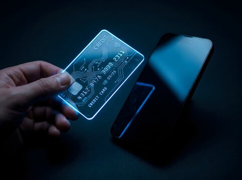 Concepto de pago sin contacto que muestra una tarjeta inteligente brillante escane&aacute;ndose sobre la pantalla de un tel&eacute;fono m&oacute;vil. Tecnolog&iacute;a nfc electr&oacute;nica que permite transacciones seguras