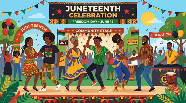 Vibrant juneteenth celebration with people dancing on a colorful community stage outdoors