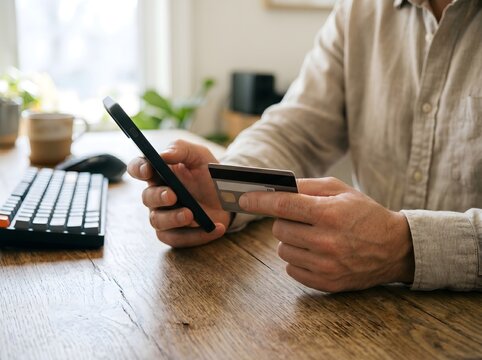 Primer plano de manos masculinas sosteniendo un smartphone y una tarjeta de cr&eacute;dito f&iacute;sica haciendo una compra en l&iacute;nea