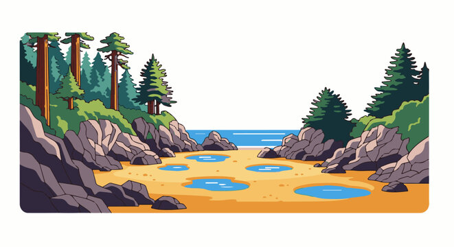 A pixelated coastal scene with tide pools and evergreen trees