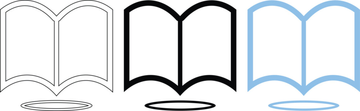 Set of three linear book icons with base illustration for digital education study material.
