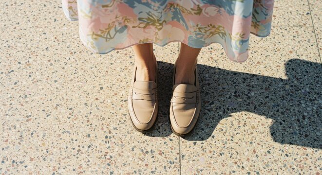 Mulher usando sapatos, em p&eacute; sobre superf&iacute;cie texturizada, com saia estampada com flores.