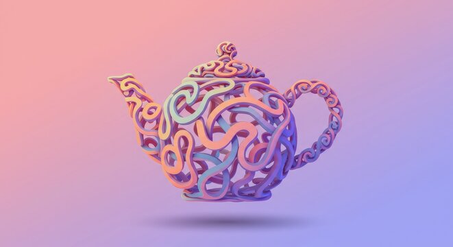 Ilustra&ccedil;&atilde;o 3D de um bule ornamental em tons pastel sobre um fundo degrad&ecirc;.