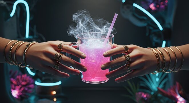 M&atilde;os elegantes segurando um coquetel rosa vibrante com vapor e luzes de n&eacute;on.