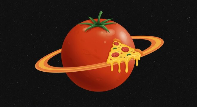 Ilustra&ccedil;&atilde;o de planta de tomate com anel de fatia de pizza em fundo preto