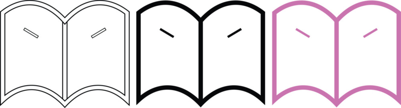 Three stylistic closed book icons with thick outlines in white, black, and pink.
