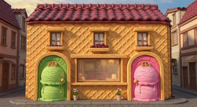 Fachada colorida de sorveteria em estilo cartoon, com design criativo e vista para a rua.
