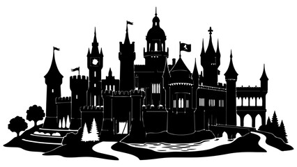 Intricate Medieval Fantasy Castle Silhouette Detailed Black and White Vector Illustration Isolated on Transparent Background © MDALAMGIR