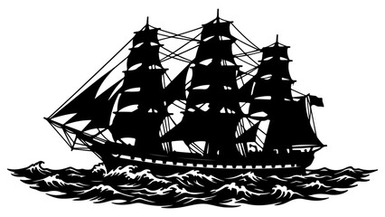 Black Silhouette of a Vintage Sailing Ship on Ocean Waves Vector Illustration Isolated on Transparent Background © MDALAMGIR