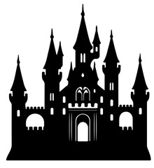 Fototapeta premium Black Silhouette of a Fairytale Castle with Multiple Towers Isolated on Transparent Background