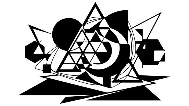 Abstract Black and White Geometric Composition with Triangles and Circles Vector Illustration Isolated on Transparent Background