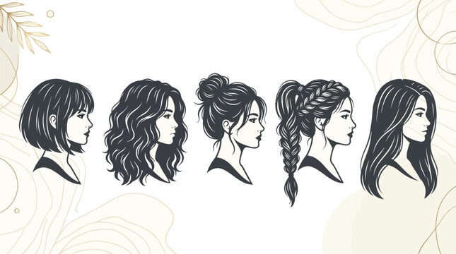 Five beautiful women showing different elegant hairstyles in this artistic black and white line art image
