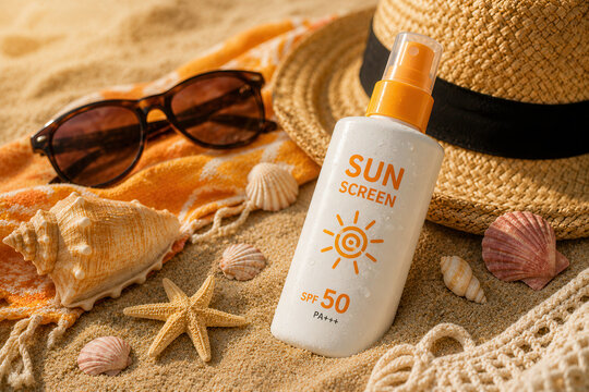 A bottle of sun screen stands on a sandy beach near a pair of sunglasses and colorful seashells. A straw hat is placed next to the towel in the bright sun.