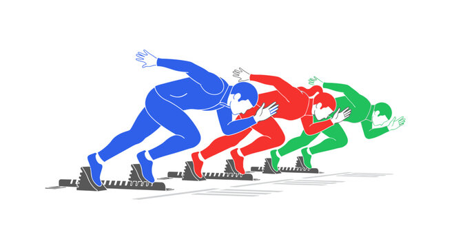 Athletes Sprinting from Starting Blocks, Team Race Competition, Dynamic Movement