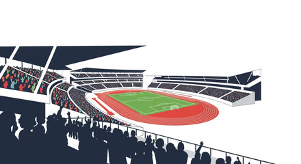 Sports stadium with running track and soccer field, crowd watching. © an