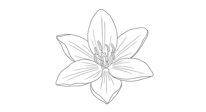 Detailed line art illustration of a beautiful single flower bloom with intricate petals and stamens for botanical design and nature themes.