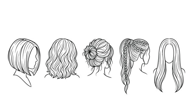 Set of various stylish female hairstyles shown in a detailed black and white line art illustration