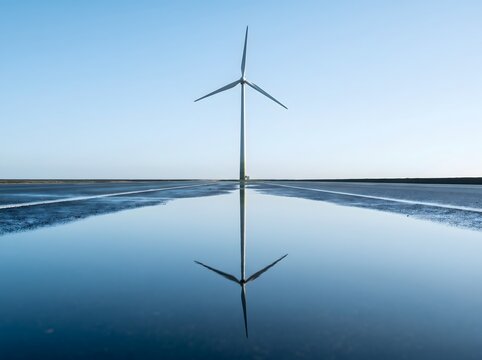 Aerogenerador en el mar concepto de energ&iacute;a verde y esg. parque e&oacute;lico en aguas tranquilas con cielo azul reflejado sostenibilidad ambiental