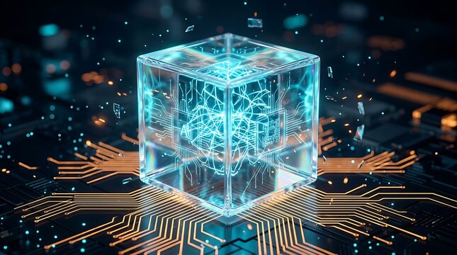 Glowing futuristic glass cube containing digital neural network on a computer motherboard representing advanced computing