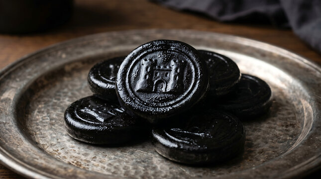 Traditional Pontefract Cakes &ndash; Close-Up of Classic Yorkshire Liquorice Stamp Confectionery