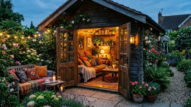 Cozy garden shed retreat with fairy lights and blooming roses at dusk