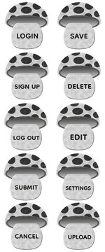 Set of Silver Glitter Mushroom Web and App UI Buttons with Transparent Background, Luxury Fantasy Cartoon Interface Collection, Metallic Kawaii Dashboard Controls for Login Save Upload Settings 