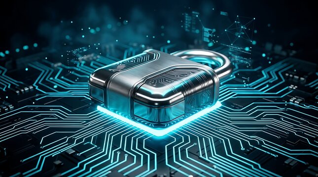 Glowing metallic padlock with circuit patterns resting on a computer motherboard representing advanced cybersecurity and data protection