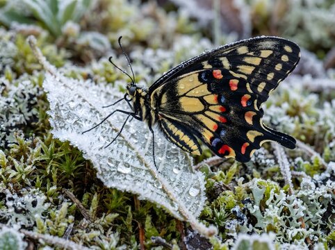 Foto macro de naturaleza de alto detalle de una hoja congelada albergando una mariposa fr&radic;&deg;gil, ilustrando la resiliencia biol&radic;&ge;gica, condiciones invernales severas y belleza entomol&radic;&ge;gica.
