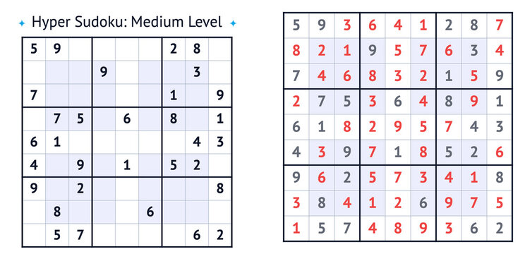 Hyper Sudoku puzzle with medium difficulty level on paper sheet  