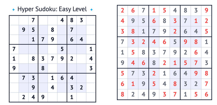 Hyper Sudoku puzzle easy level grid with numbers and empty cells for gameplay  