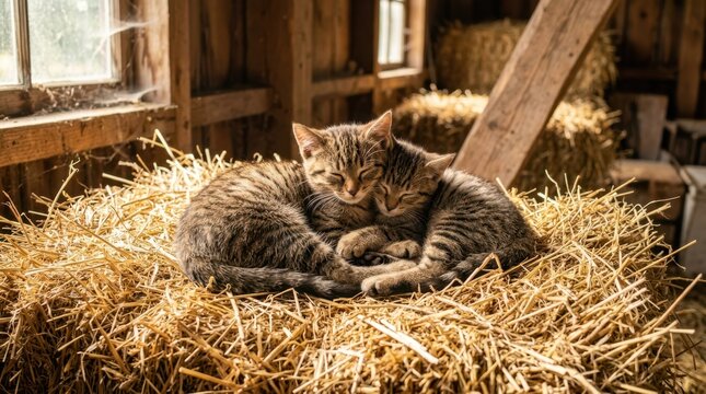 Two adorable tabby kittens sleeping peacefully curled up together on a haystack