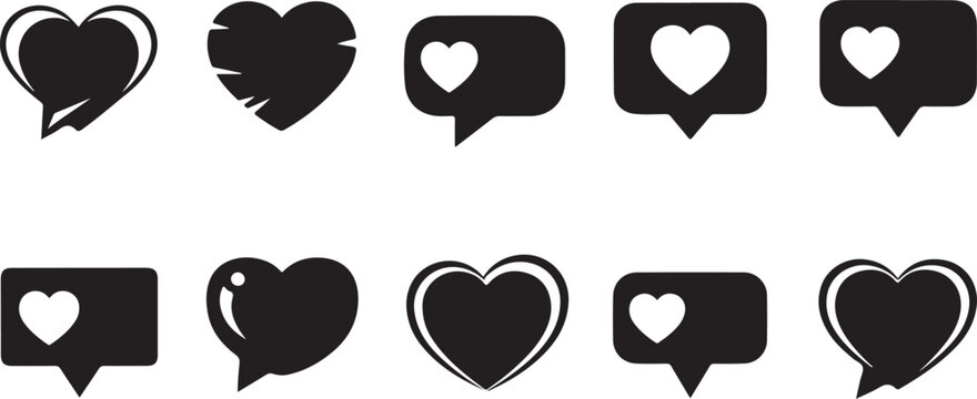 Collection of heart and speech bubble icons in various styles and shapes side by side
