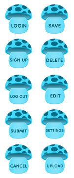 Set of Cute Blue Mushroom Web and App UI Buttons with Transparent Background, Kawaii Fantasy Cartoon Interface Collection, Glossy Magical Dashboard Controls for Mobile App and Web Design 