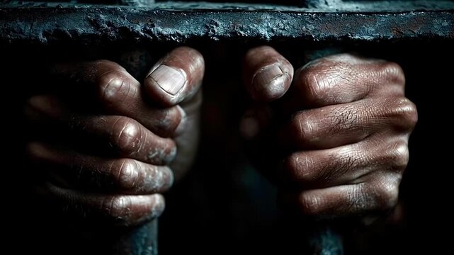 Close up on the desperate hands of a prisoner grabbing the rusty metal bars of a dark jail cell, symbolizing a profound lack of freedom, despair, and captivity in a grim penitentiary