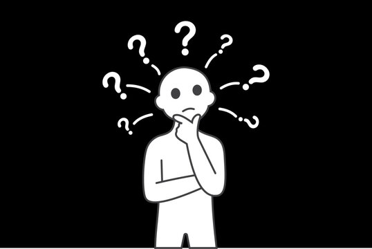 A cartoon man with question marks thinking deeply in confusion