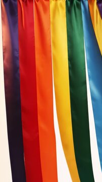 Seven silk pride rainbow ribbons &mdash; red orange yellow green blue indigo violet &mdash; hanging and drifting gently in breeze, glossy silk light catch, white background, static camera loop, Pride Month celebr