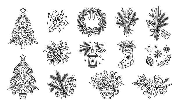 Elegant Winter Floral Clipart Collection, 12 Black and White Botanical Vector Illustrations of Holly Pine and Mistletoe, Isolated Minimalist Christmas Foliage Set for Holiday Invitations